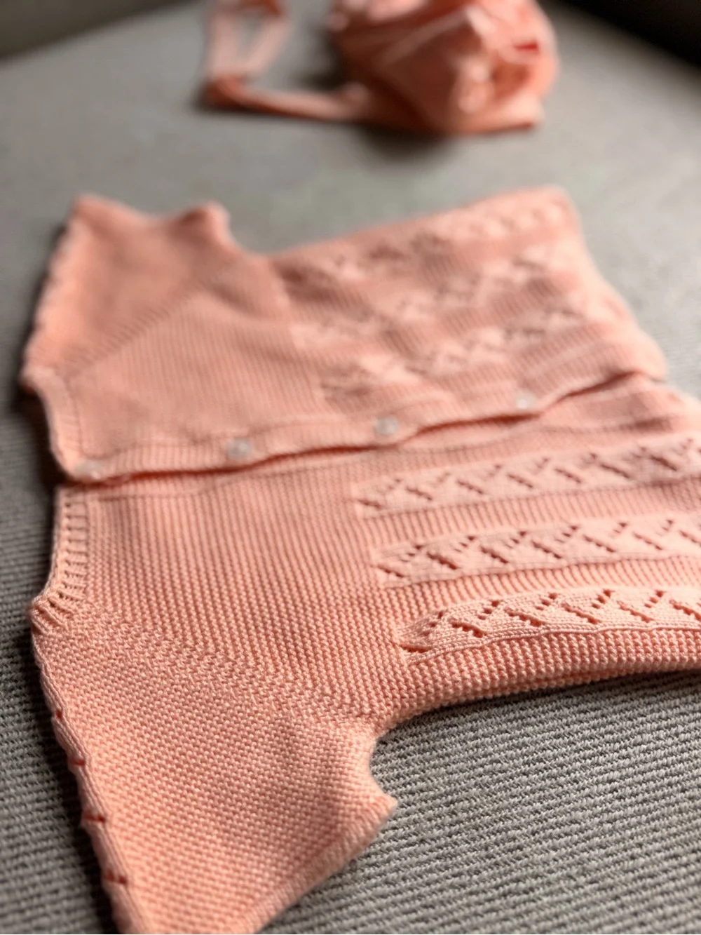 Peach Knit Baby Set - Top, Bonnet, Booties & Bloomers